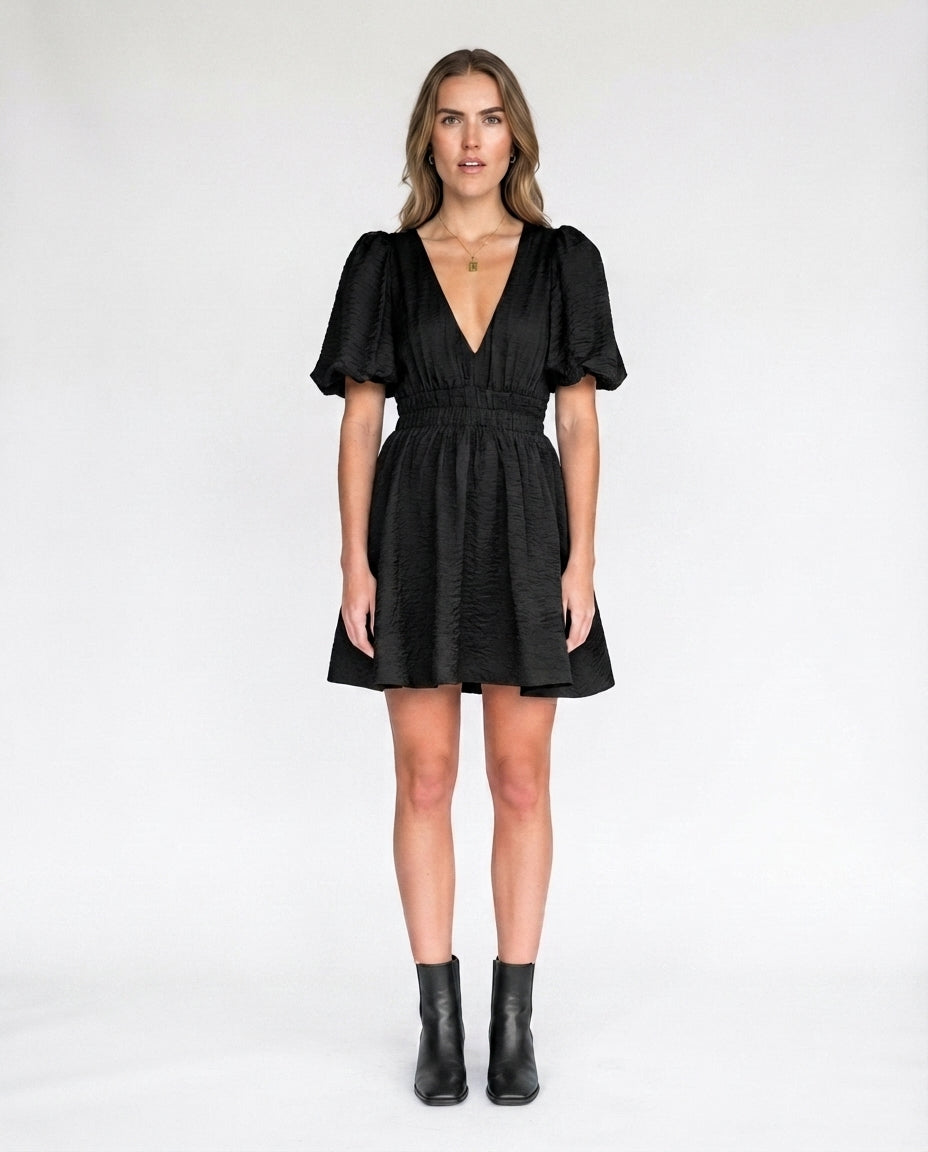 Puff Sleeve Smocked Waist Mini Dress