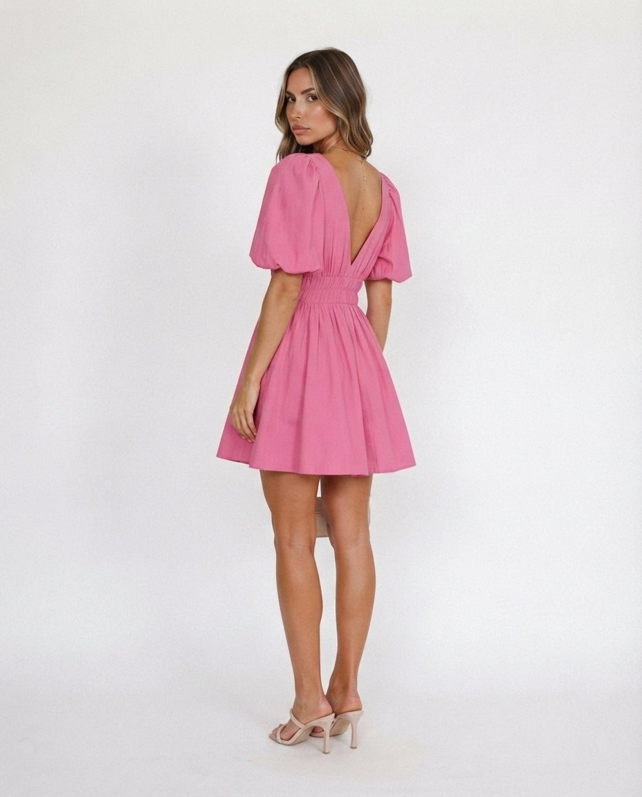 Puff Sleeve Smocked Waist Mini Dress