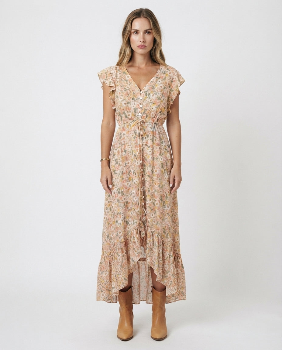 V-Neck Button Front Midi Dress