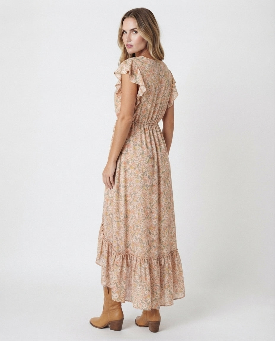 V-Neck Button Front Midi Dress