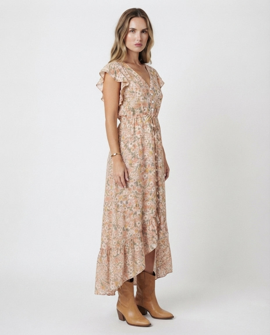 V-Neck Button Front Midi Dress