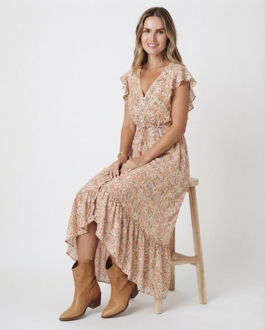 V-Neck Button Front Midi Dress