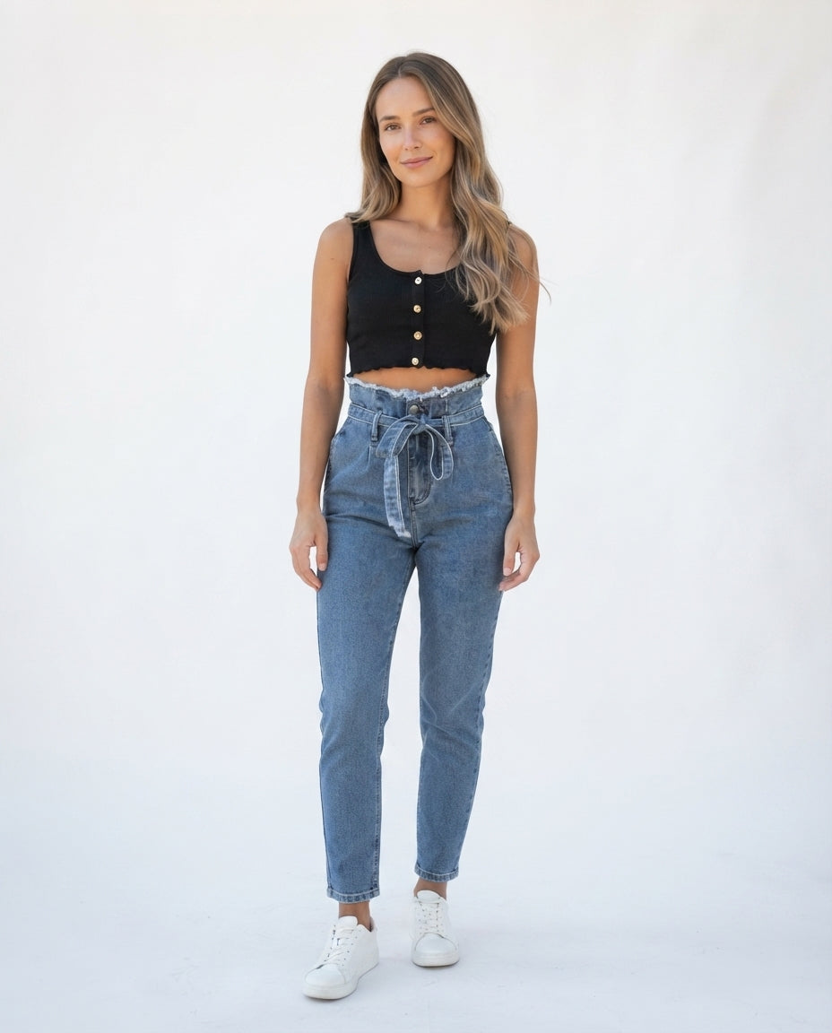 High Waist Tie Waist Denim Jeans