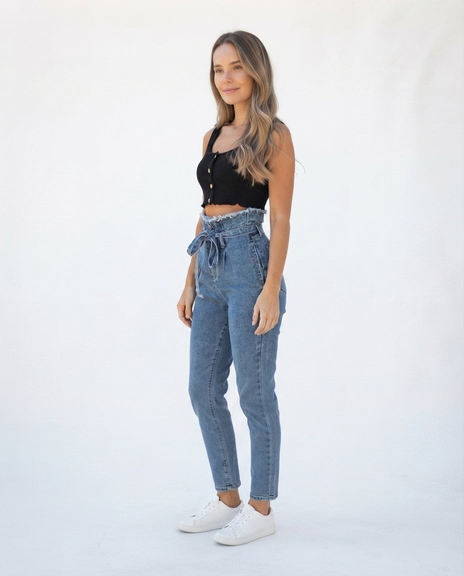 High Waist Tie Waist Denim Jeans
