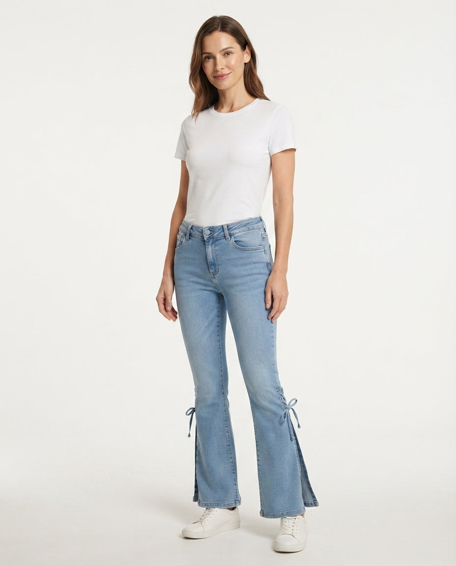 Lace Up Flare Denim Trousers
