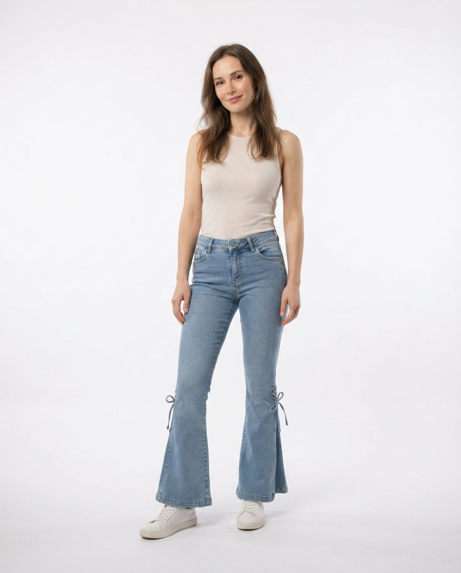 Lace Up Flare Denim Trousers