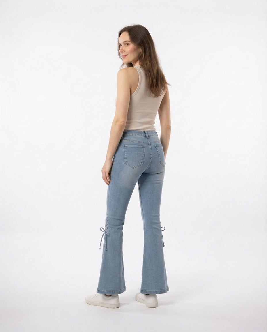 Lace Up Flare Denim Trousers