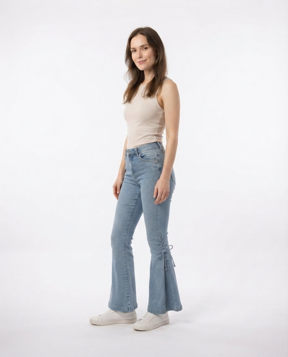 Lace Up Flare Denim Trousers