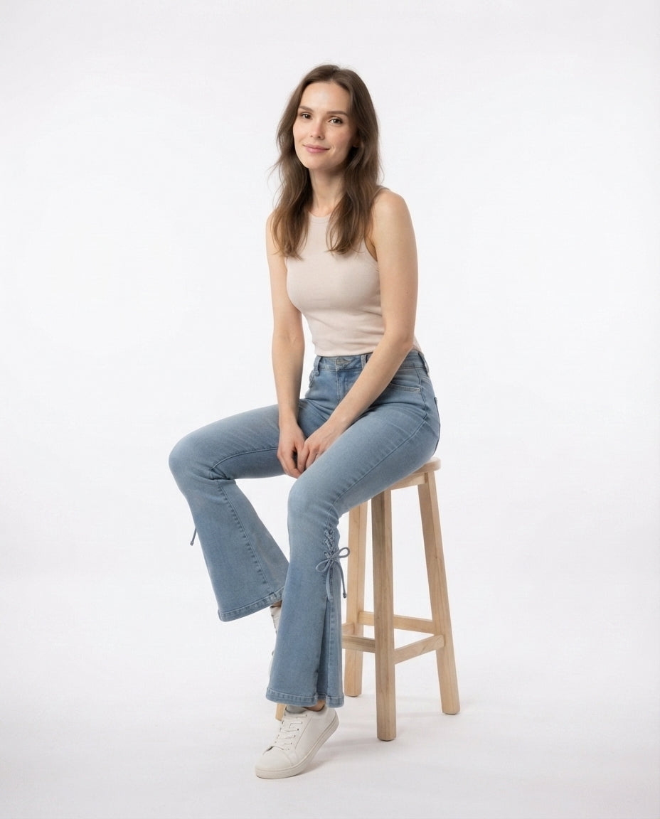 Lace Up Flare Denim Trousers