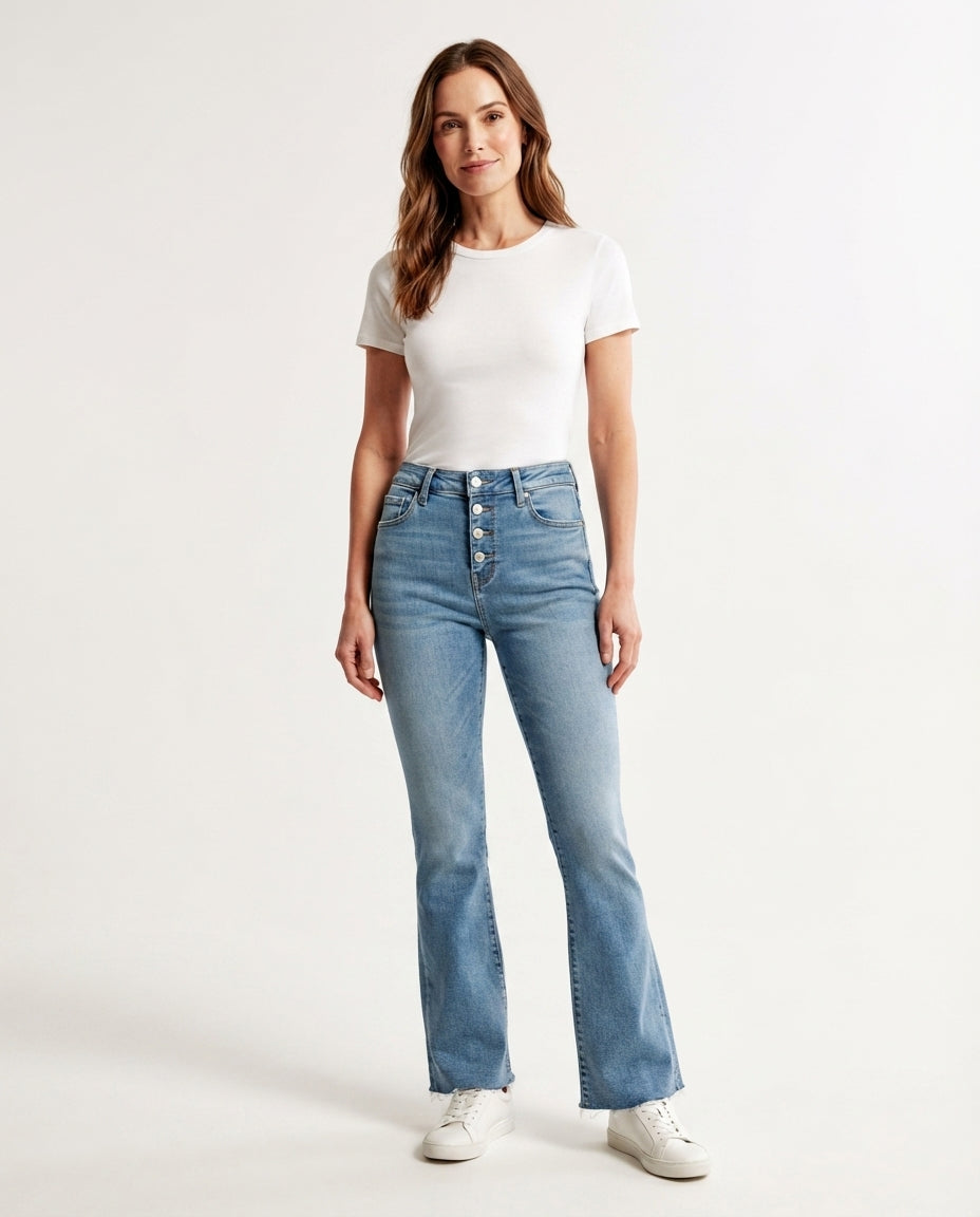 High Waist Button Fly Flare Jeans