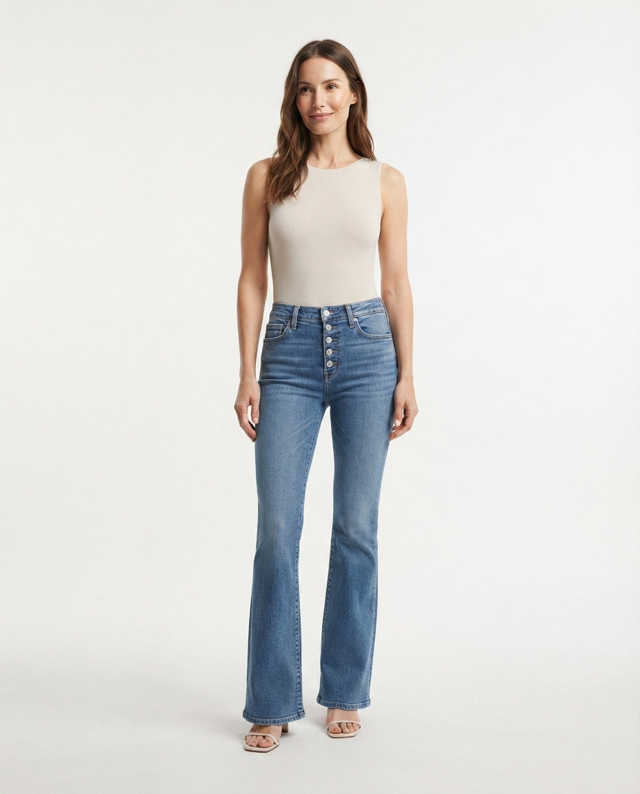 High Waist Button Fly Flare Jeans