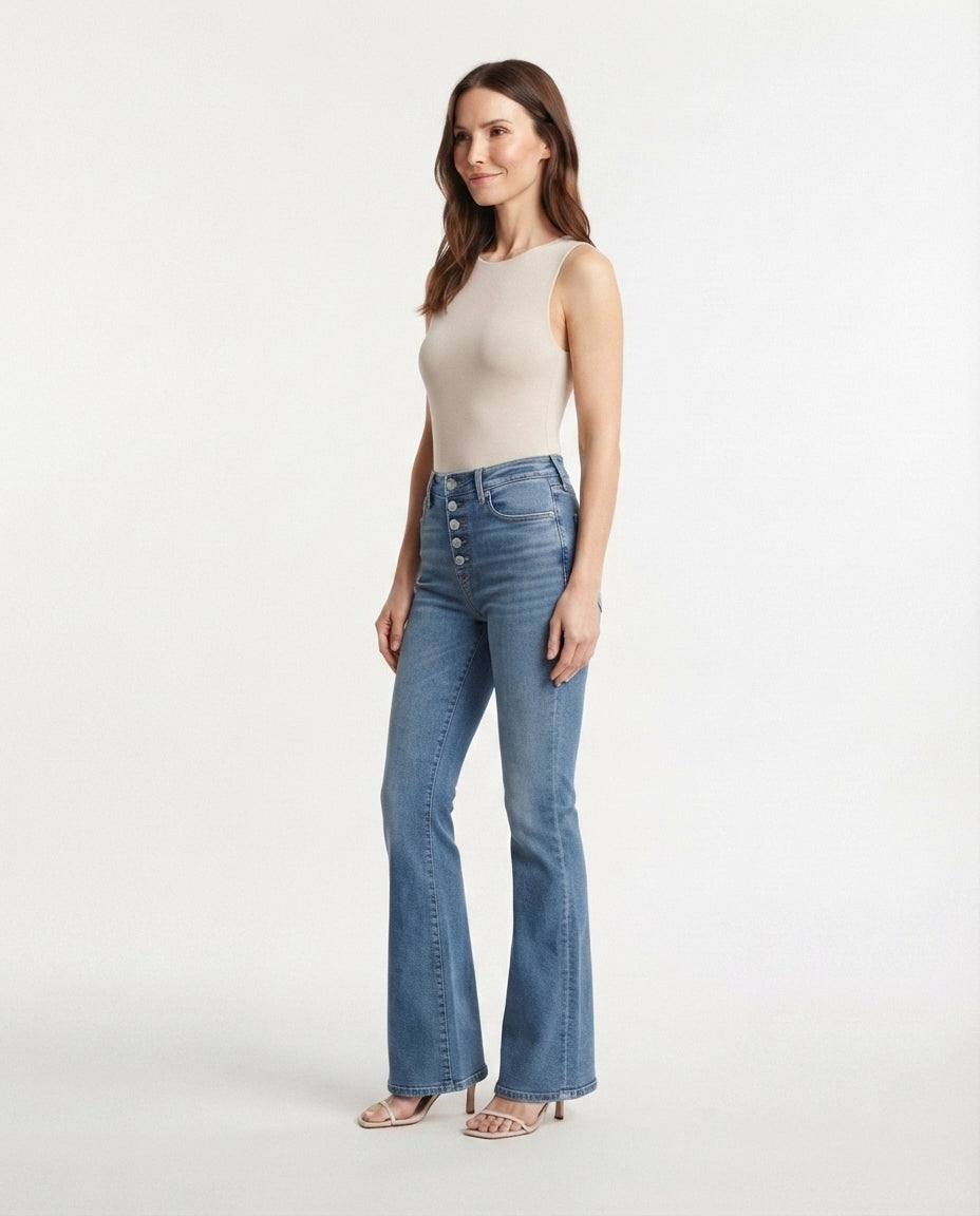 High Waist Button Fly Flare Jeans