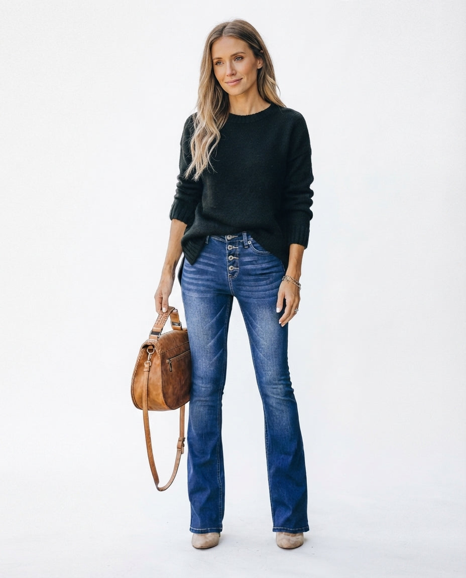 High Waist Button Fly Flare Jeans