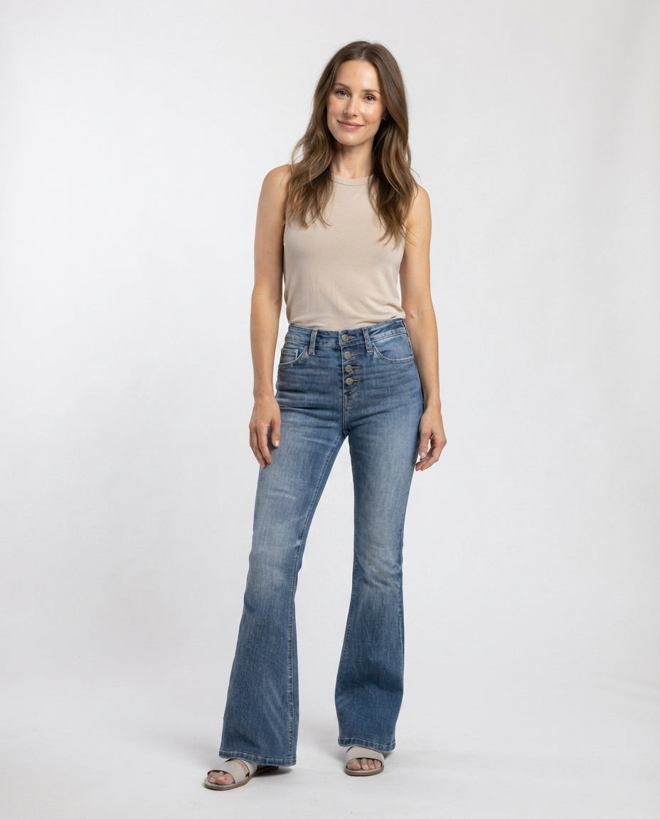 High Waist Button Fly Flare Jeans