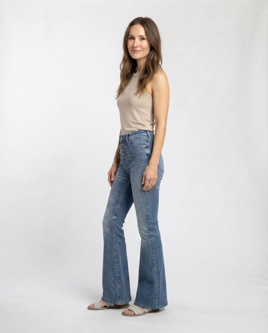 High Waist Button Fly Flare Jeans