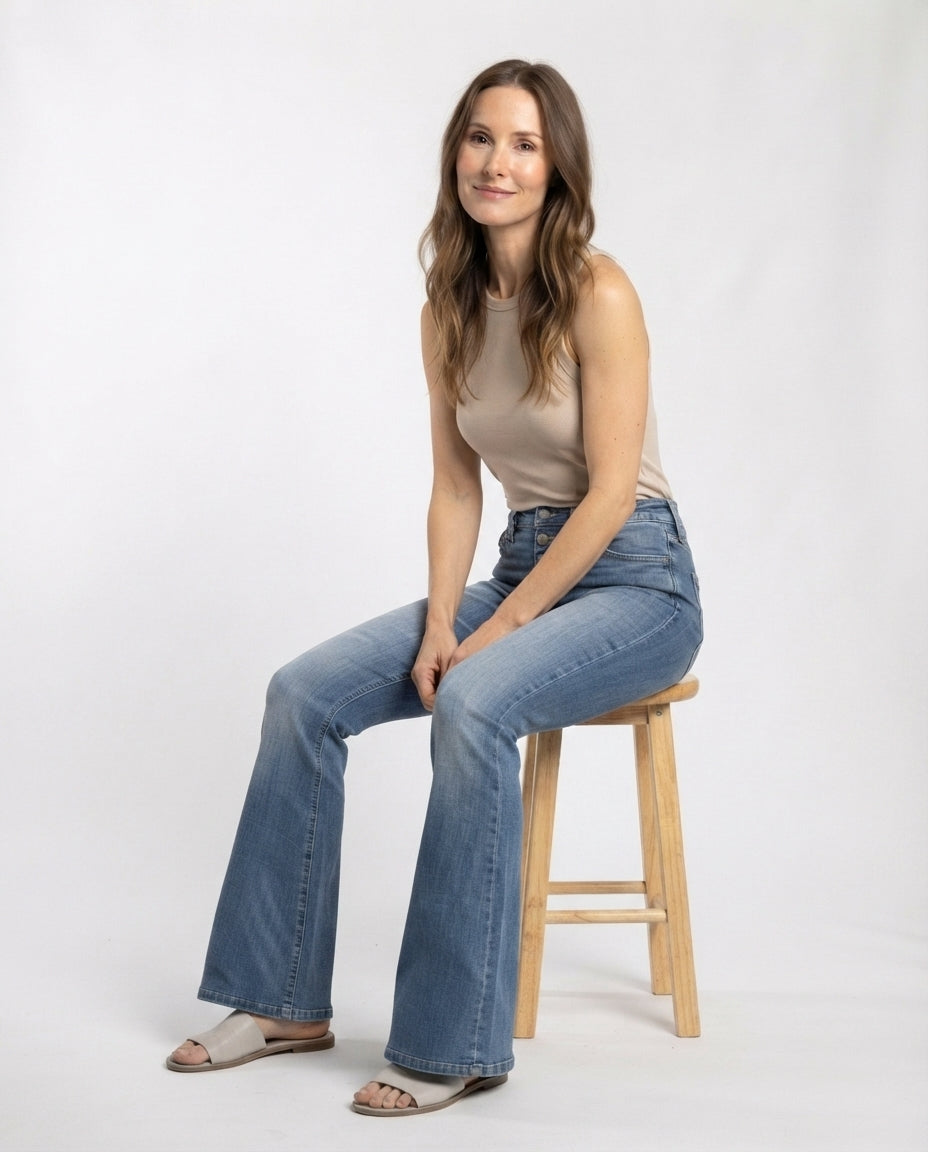 High Waist Button Fly Flare Jeans