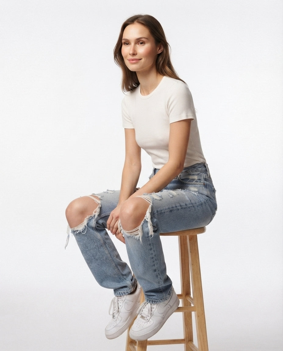 High Waist Distressed Denim Jeans