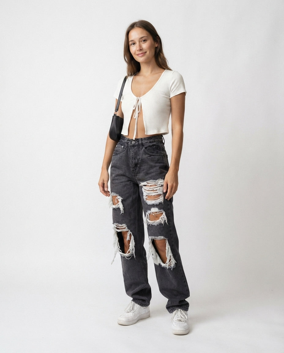 High Waist Distressed Denim Jeans