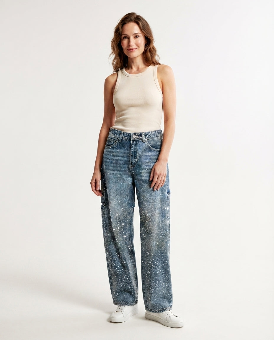 Embellished Wide Leg Denim Jeans