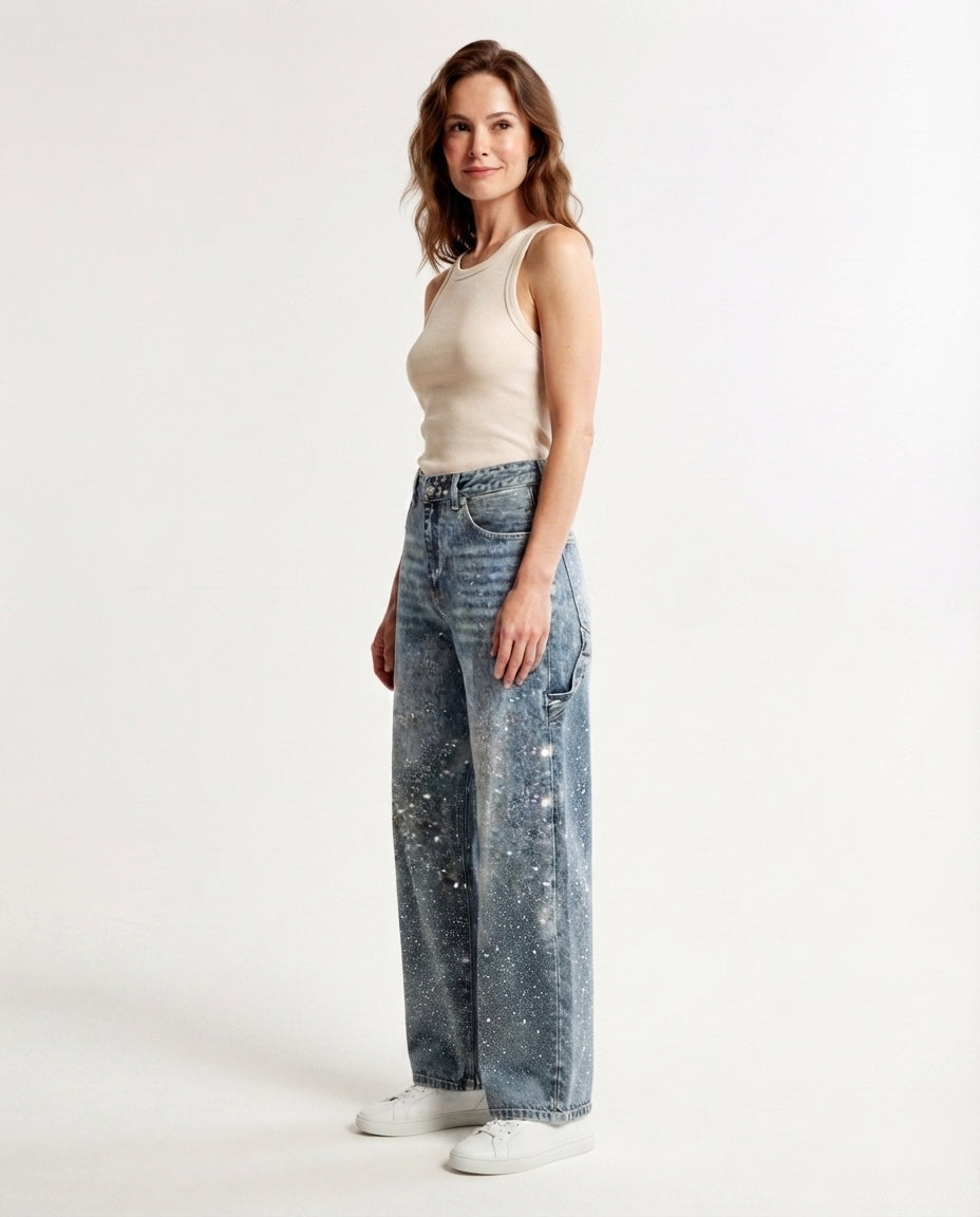 Embellished Wide Leg Denim Jeans