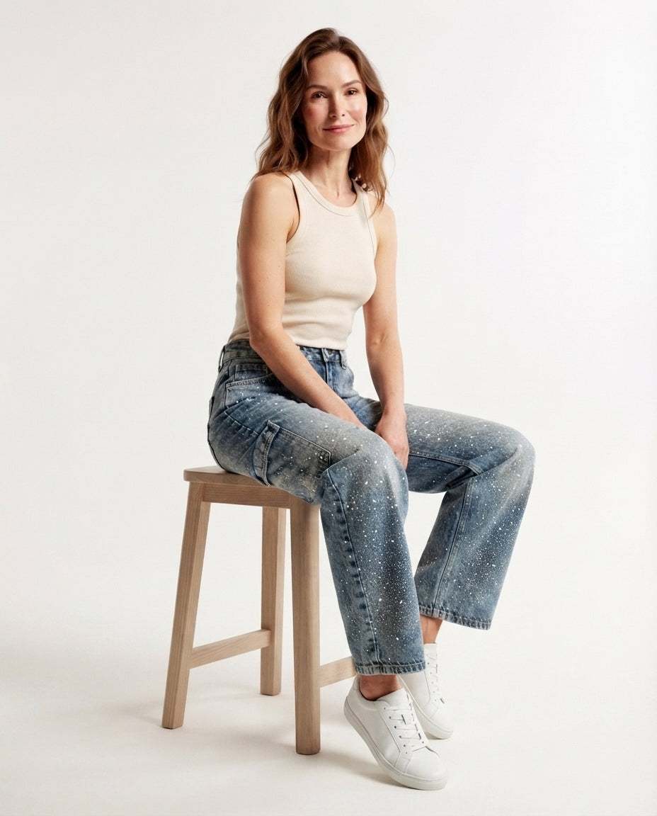 Embellished Wide Leg Denim Jeans