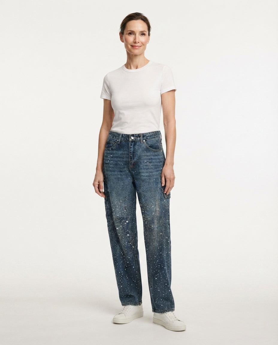 Embellished Wide Leg Denim Jeans