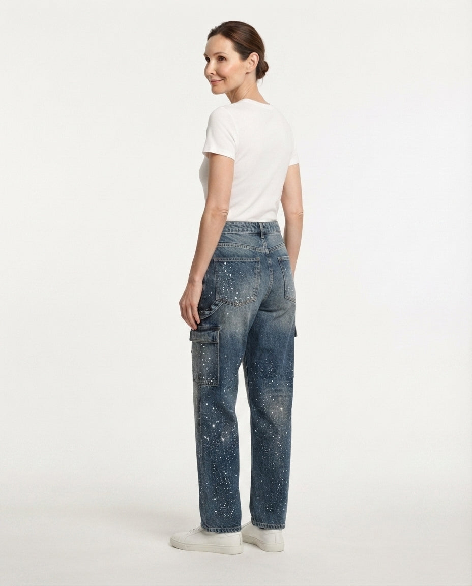 Embellished Wide Leg Denim Jeans