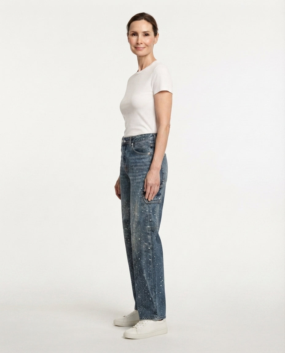 Embellished Wide Leg Denim Jeans