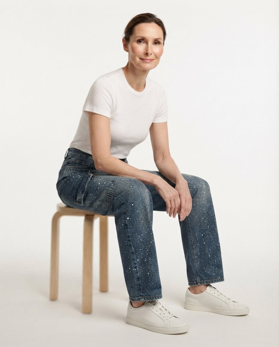 Embellished Wide Leg Denim Jeans