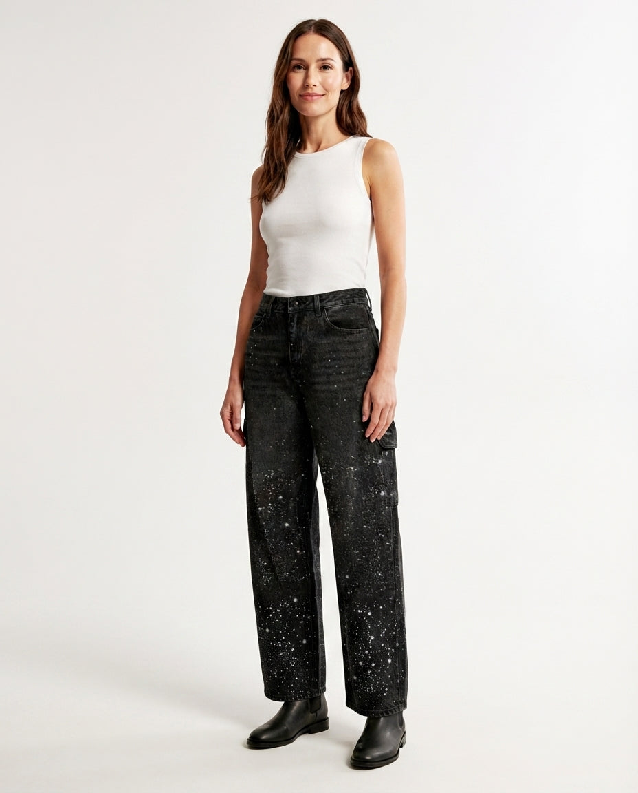 Embellished Wide Leg Denim Jeans
