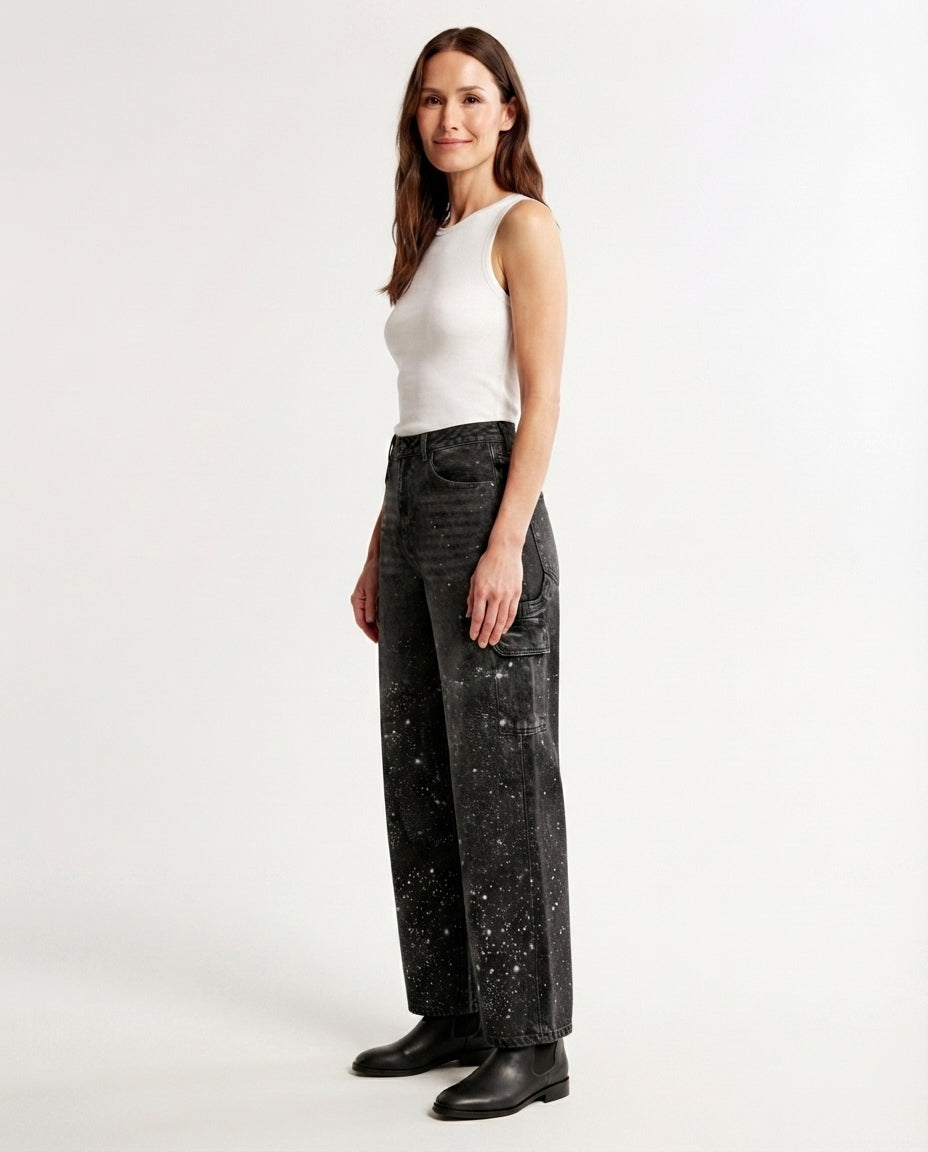 Embellished Wide Leg Denim Jeans