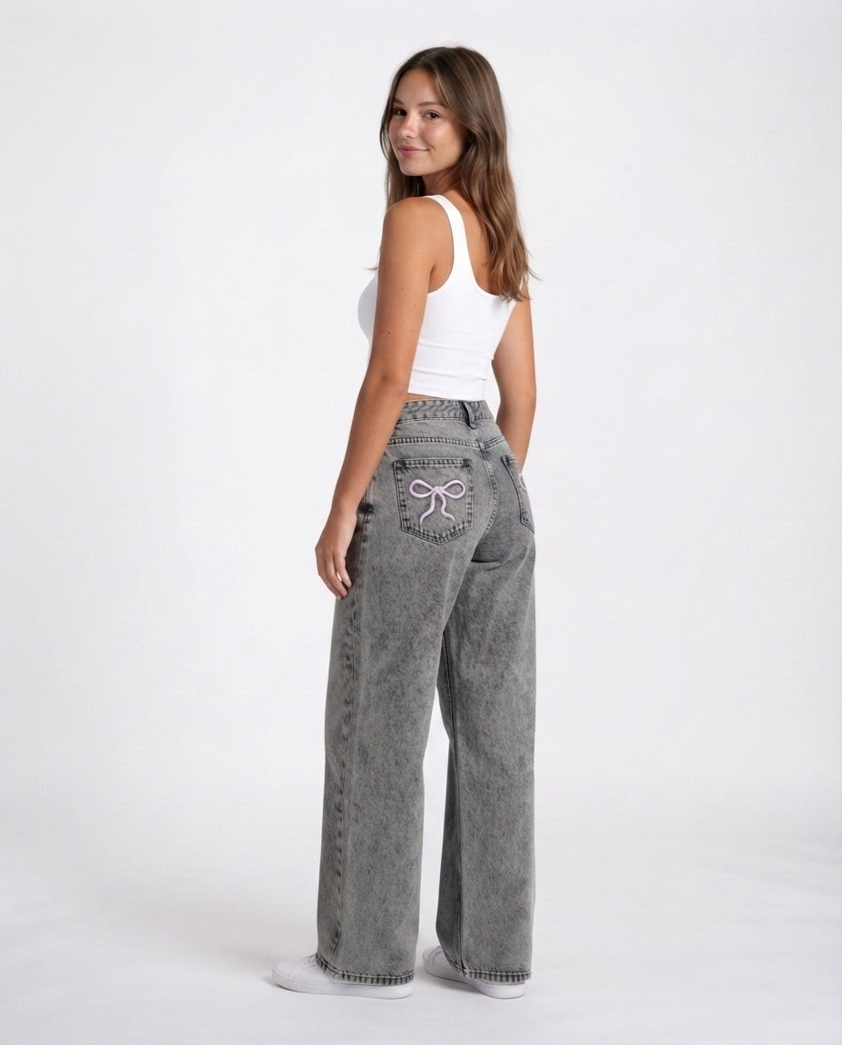Embroidered Bow Straight Leg Jeans