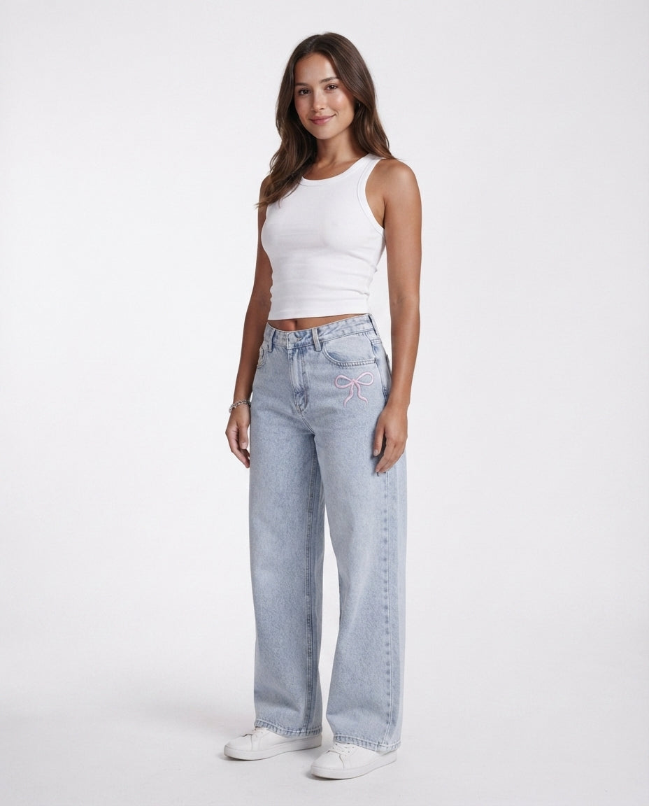 Embroidered Bow Straight Leg Jeans