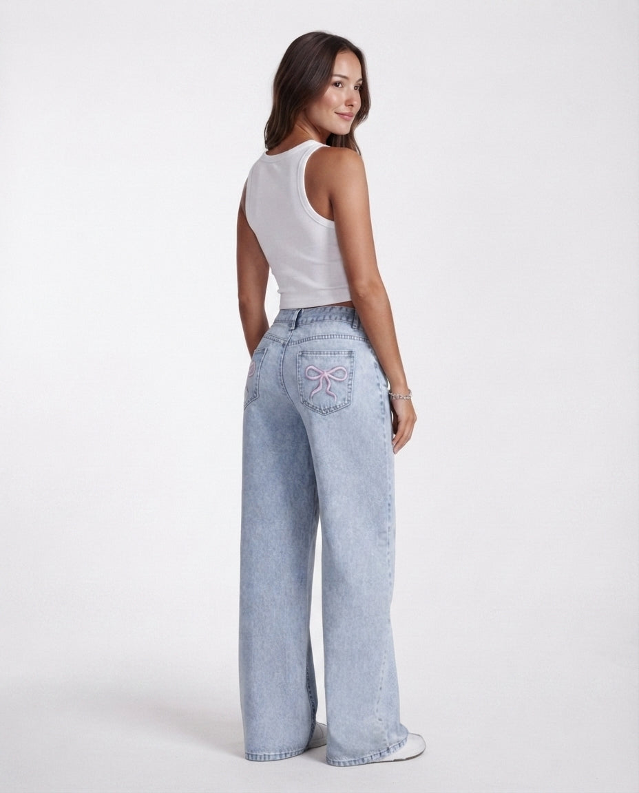 Embroidered Bow Straight Leg Jeans