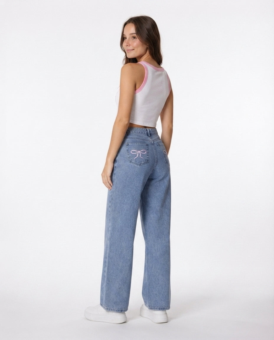 Embroidered Bow Straight Leg Jeans