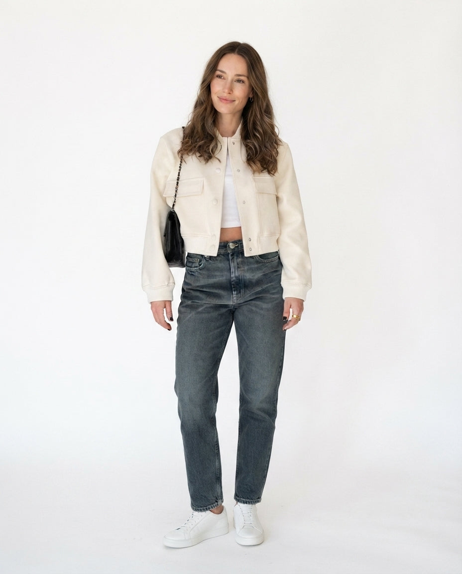 Cropped Snap Button Bomber Jacket