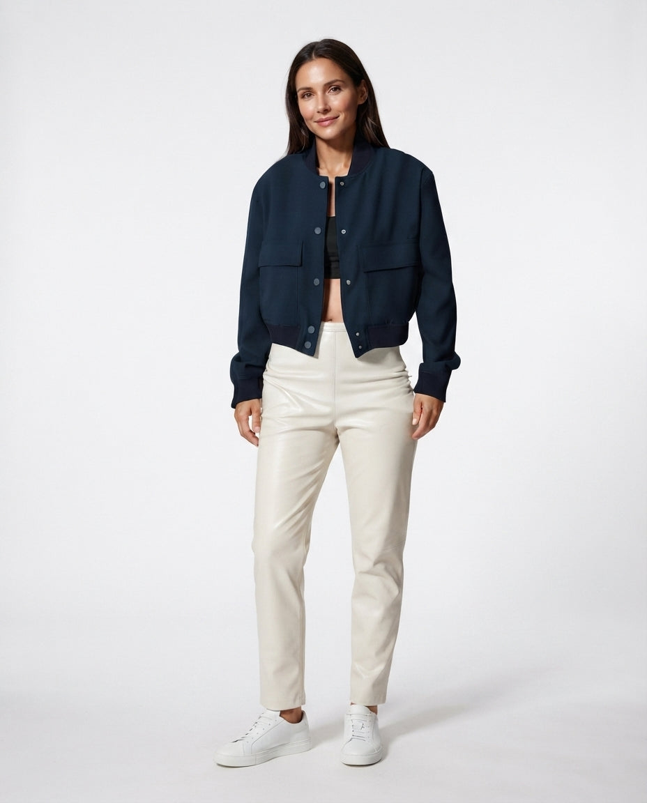 Cropped Snap Button Bomber Jacket