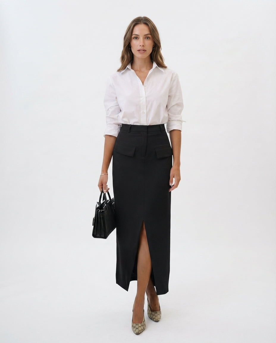High Waisted Midi Pocket Skirt