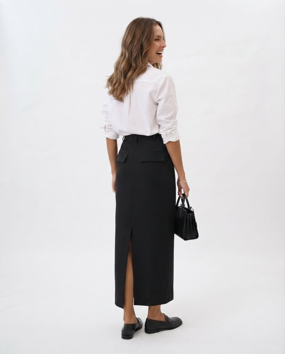 High Waisted Midi Pocket Skirt
