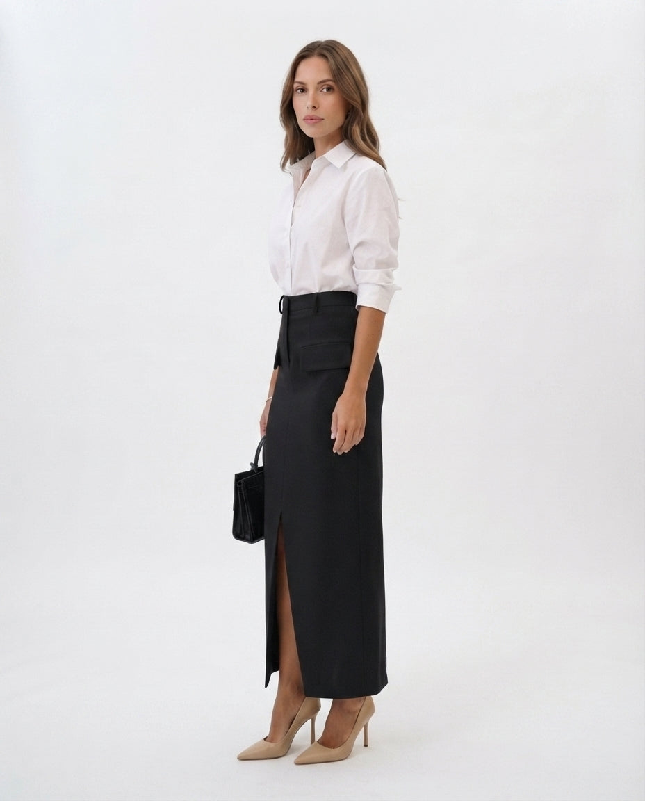 High Waisted Midi Pocket Skirt