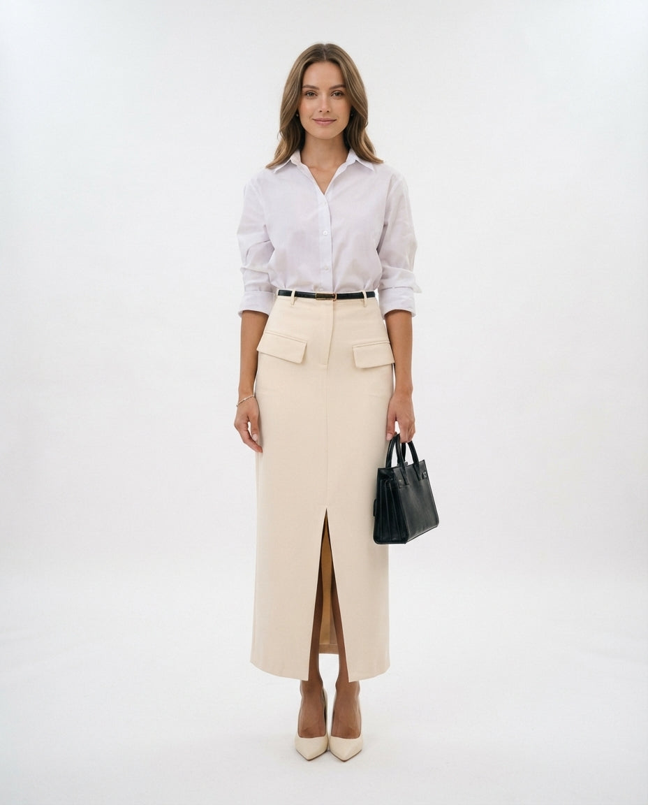 High Waisted Midi Pocket Skirt