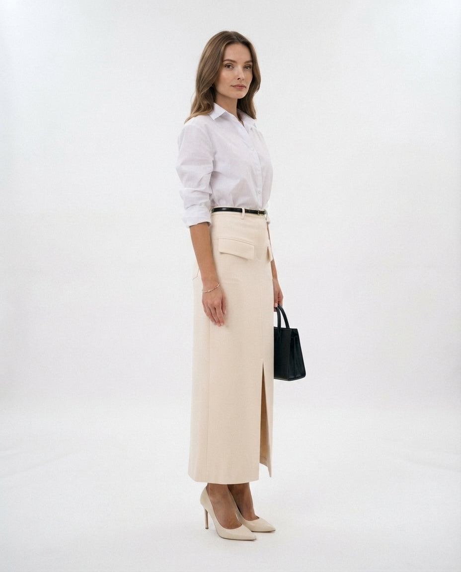 High Waisted Midi Pocket Skirt