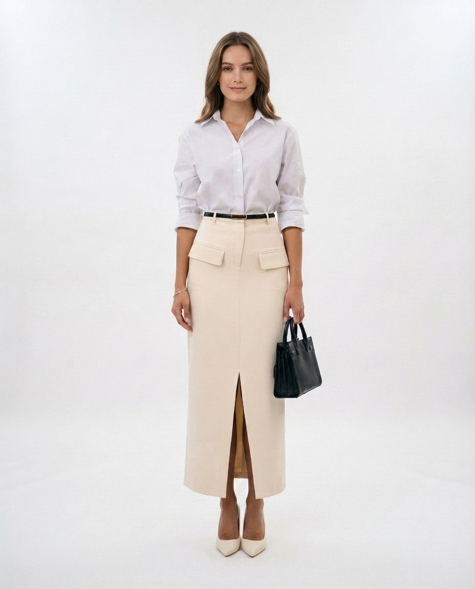 High Waisted Midi Pocket Skirt