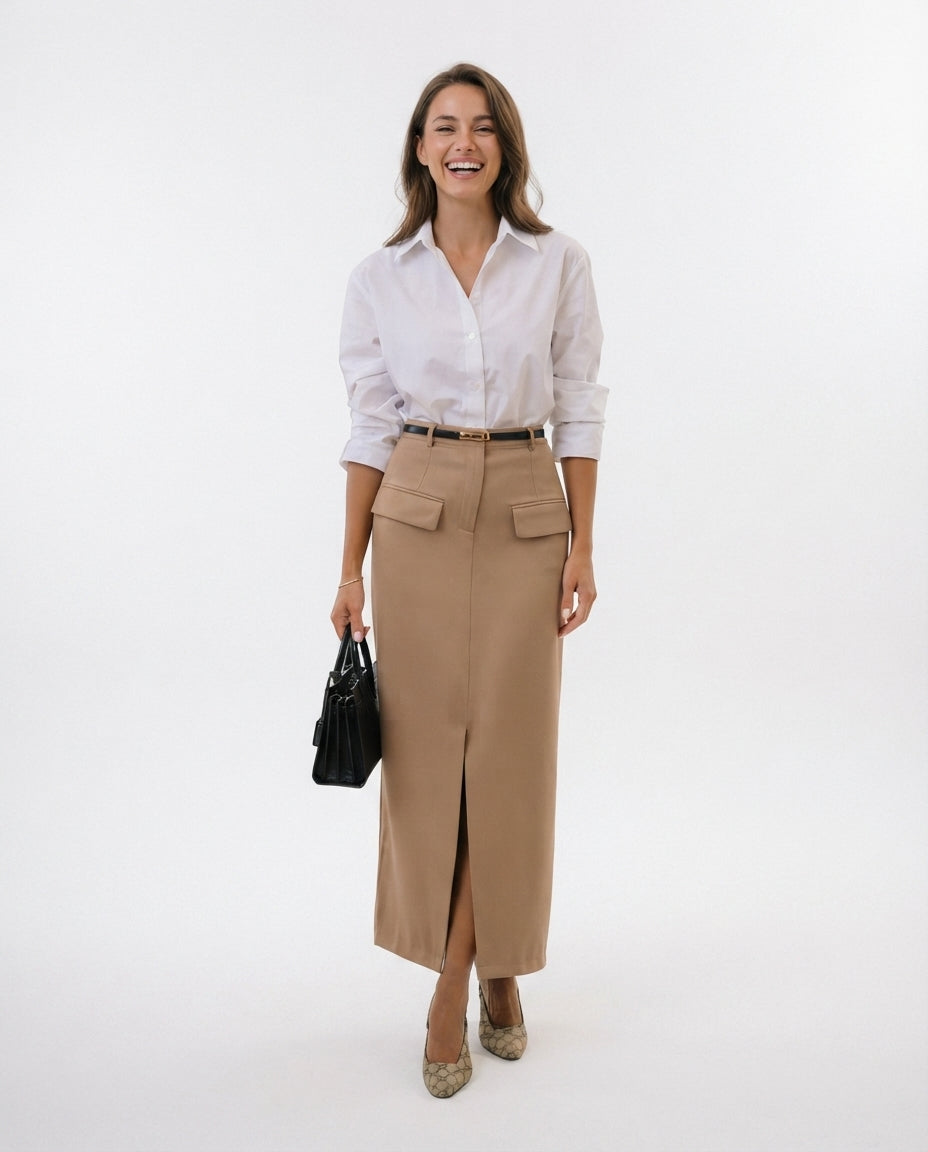 High Waisted Midi Pocket Skirt