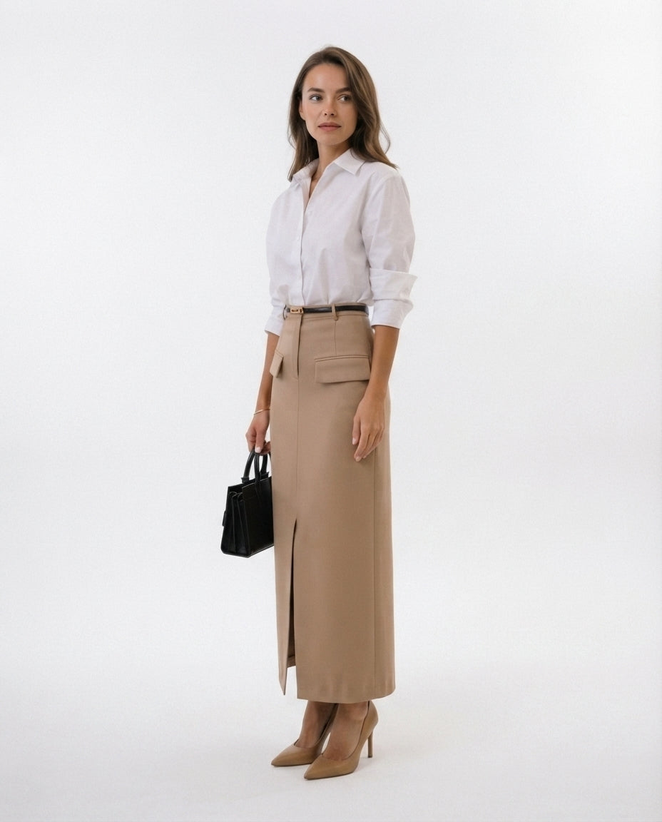 High Waisted Midi Pocket Skirt