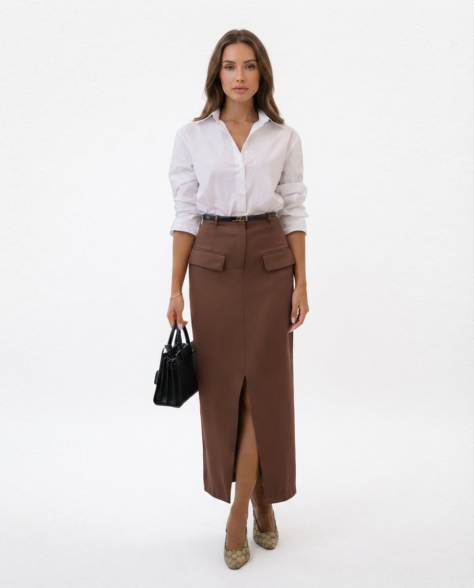 High Waisted Midi Pocket Skirt