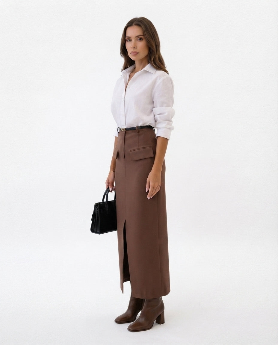 High Waisted Midi Pocket Skirt
