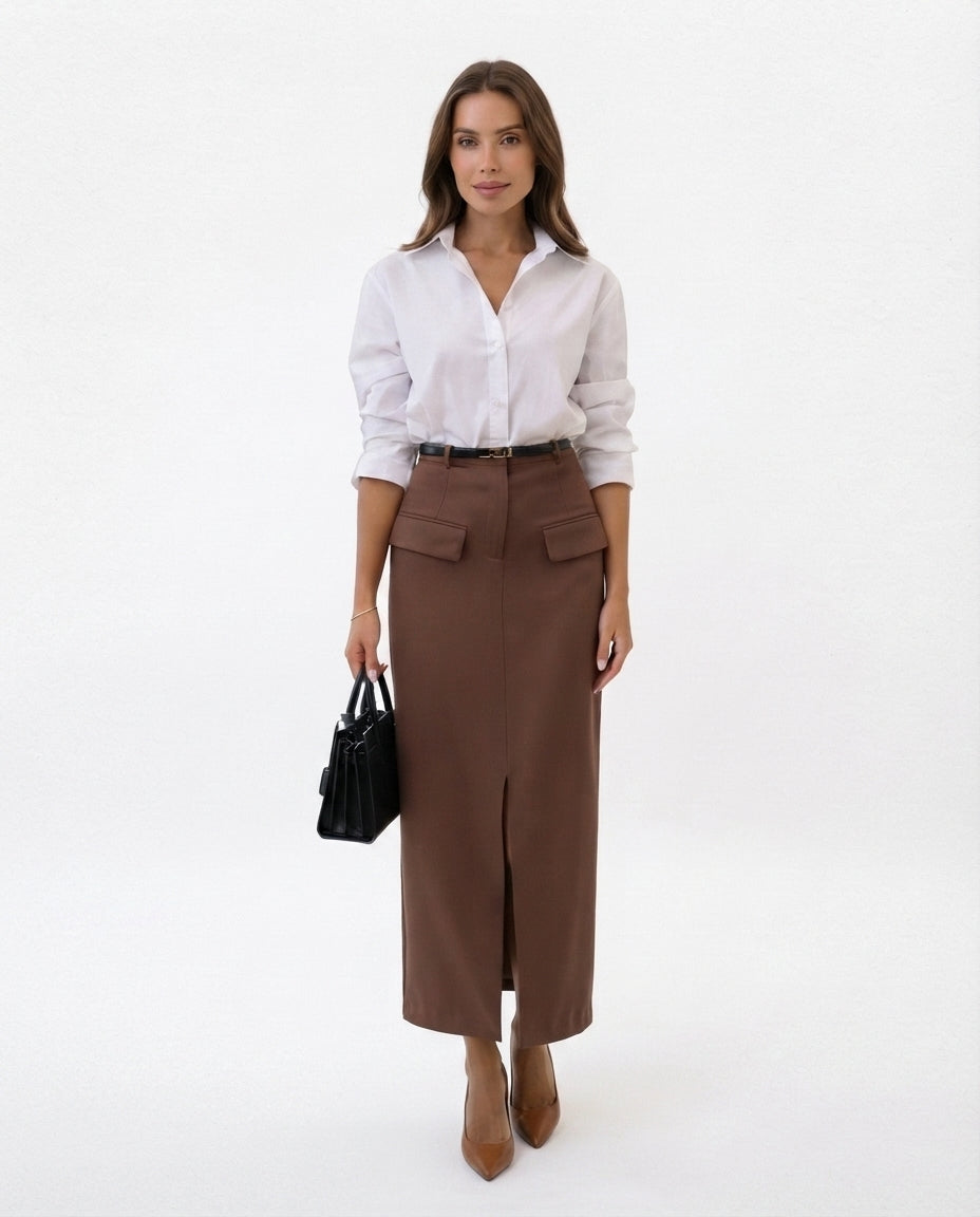 High Waisted Midi Pocket Skirt