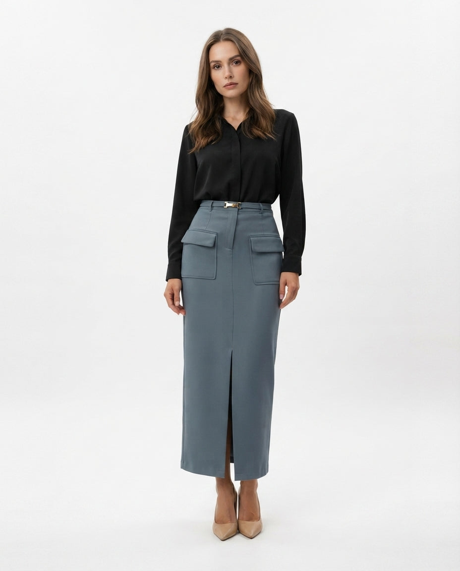 High Waisted Midi Pocket Skirt