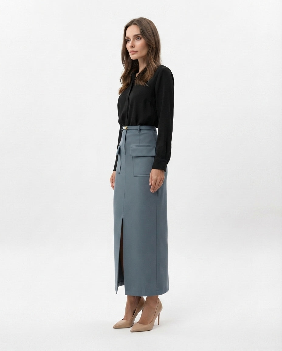 High Waisted Midi Pocket Skirt